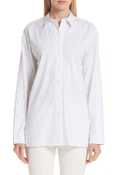 Lafayette 148 Trinity Stanford Stripe Blouse With Buttoned Sleeves In Khaki Multi