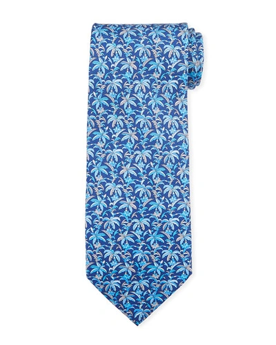 Ferragamo Palm Leaf Silk Tie In Blue