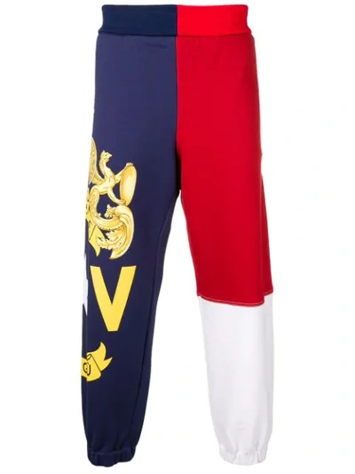 Versace Logo Print Panelled Cotton Track Pants In Blue
