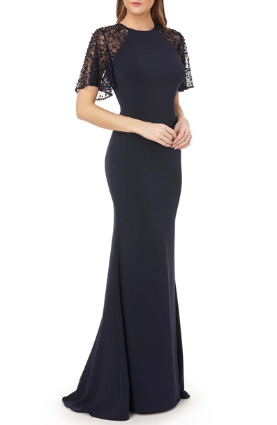 Carmen Marc Valvo Sequined Lace Flutter Sleeve Gown In Midnight