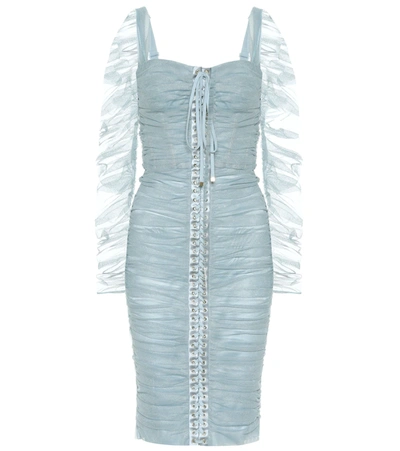 Dolce & Gabbana Long-sleeve Ruched Shimmer Tulle Corset Dress, Light Blue