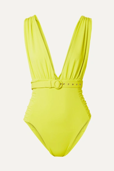Nicholas Plunge Ruched 一件式泳装 In Chartreuse