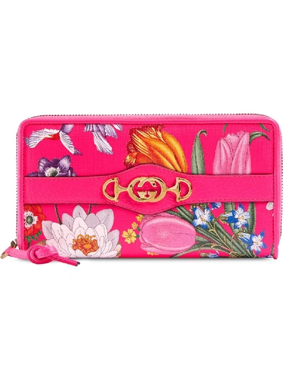 Gucci Zip Around Wallet With Flora Print In Pink