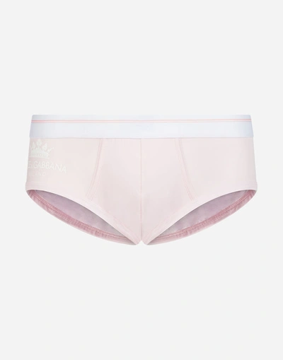 Dolce & Gabbana Brando Briefs In Stretch Cotton Pima With Crown Print In Pink