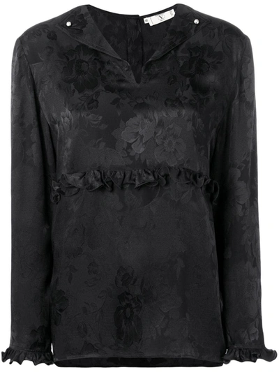 Pre-owned Valentino 1980's Rose Print Blouse In Black