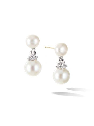 David Yurman Continuance Cultured Freshwater Pearl & Pavé Diamond Drop Earrings In Silver