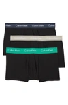 Calvin Klein 3-pack Stretch Cotton Low Rise Trunks In Black/ Grey/ Tourney/ Indigo