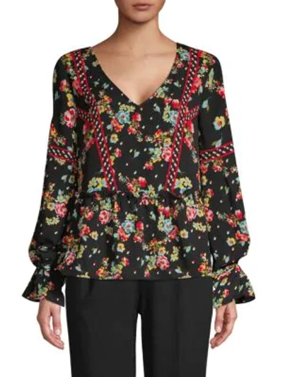 Laundry By Shelli Segal Floral V-neck Top In Black