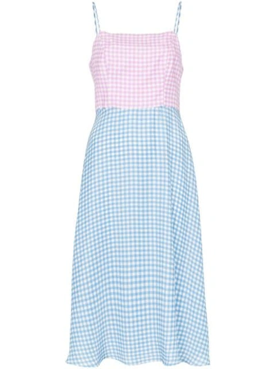 Hvn Nora Contrast Gingham-print Silk Midi Dress In Blue