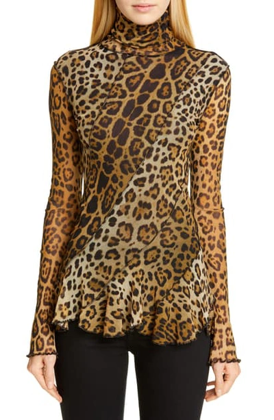 Fuzzi Leopard-print Turtleneck Long-sleeve Peplum Top In Cammello