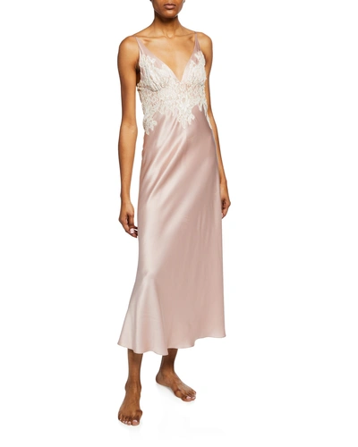 Christine Lingerie Aphrodite Lace-trim Silk Nightgown In Pink Metallic