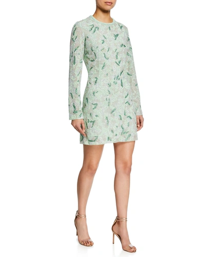 J Mendel Long-sleeve Embroidered Mini Dress In Light Green