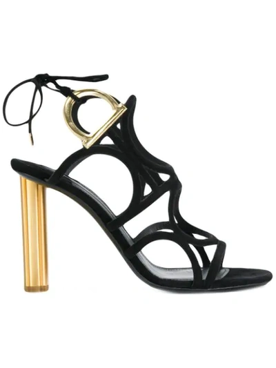 Ferragamo Vinci 105 Black Suede Golden Heel Sandals