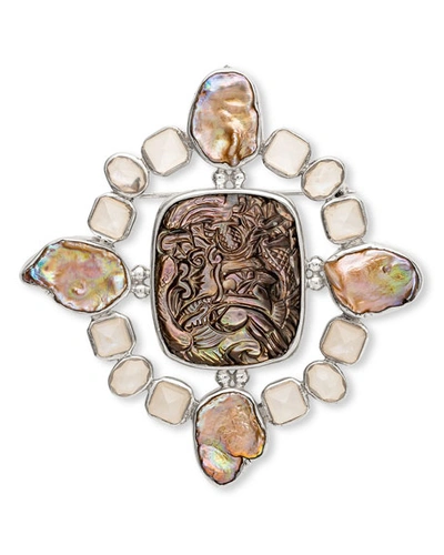 Stephen Dweck Hand-carved Mother-of-pearl Quartz Keshi Pearl Brooch