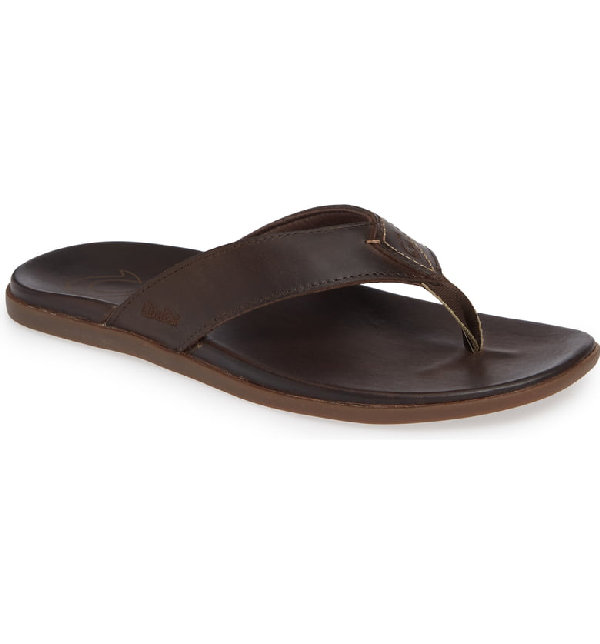 Olukai Men's Nalukai Leather Flip-Flop Sandals In Dark Koa/ Dark Koa ...