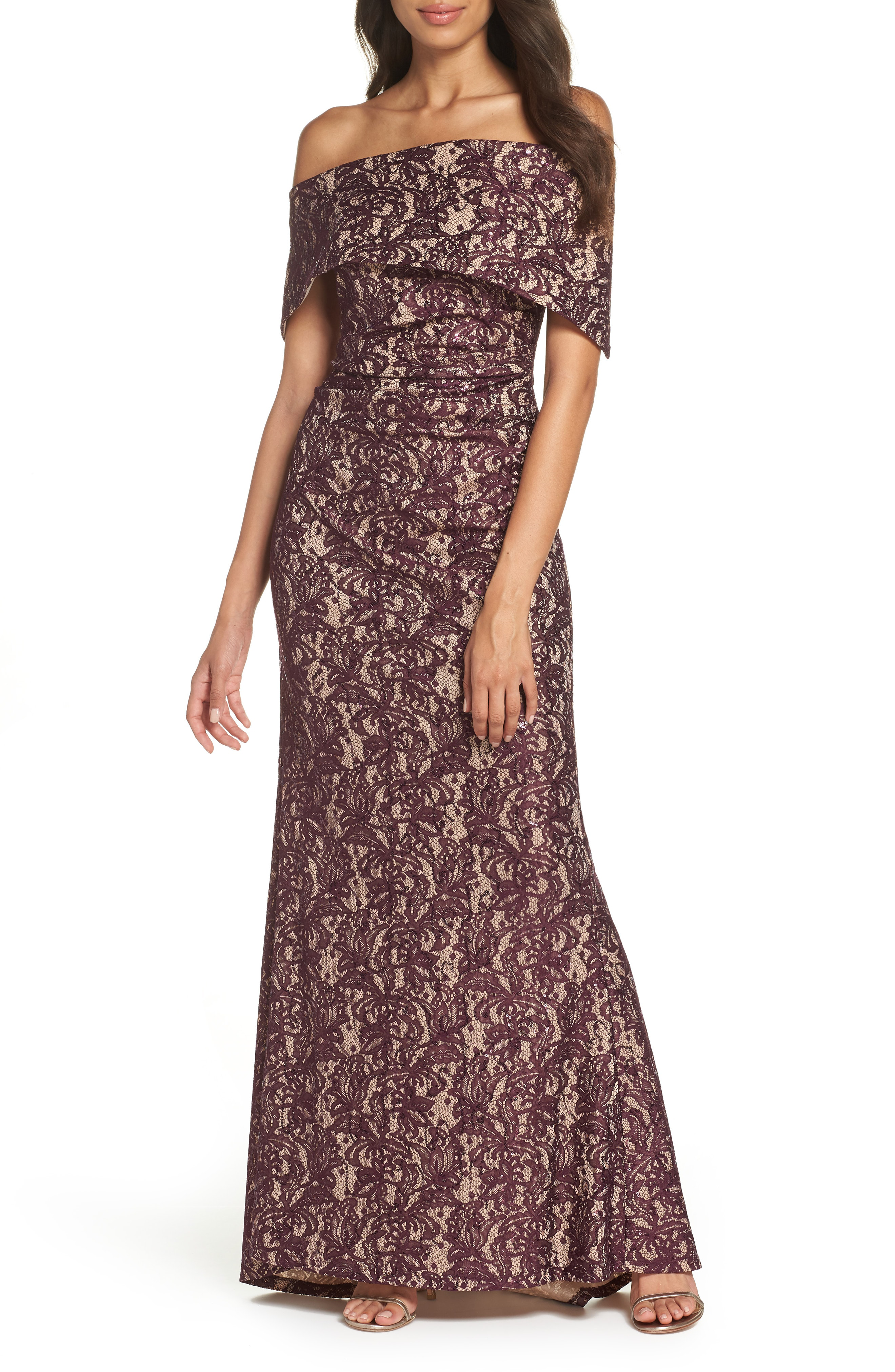 vince camuto sequin off the shoulder gown