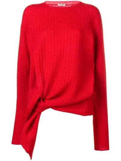 Miu Miu Ribbed Long Asymmetric Sweater In Red