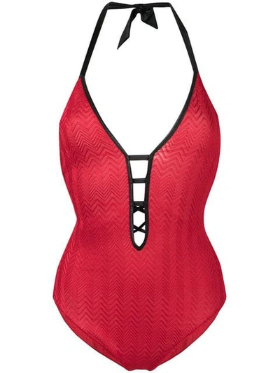 Missoni Plunge Halterneck Swimsuit In Red