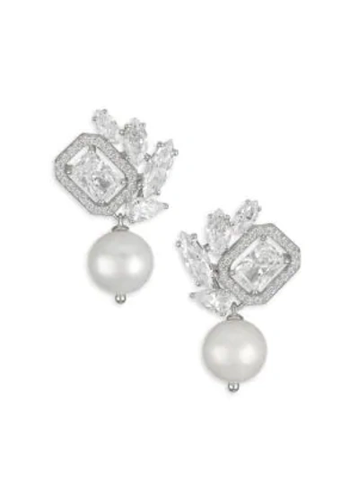 Adriana Orsini Rhodium-plated Sterling Silver, 8-8.5mm Pearl & Cubic Zirconia Cluster Earrings