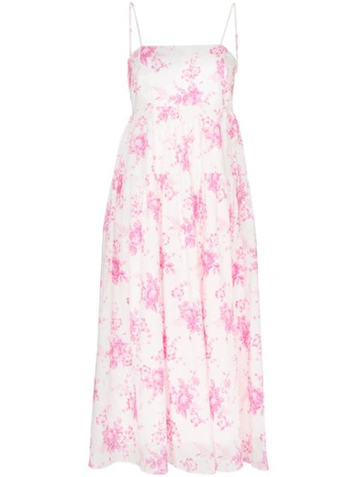 Les Rêveries Strappy Floral Print Pleated Cotton Midi Dress In White
