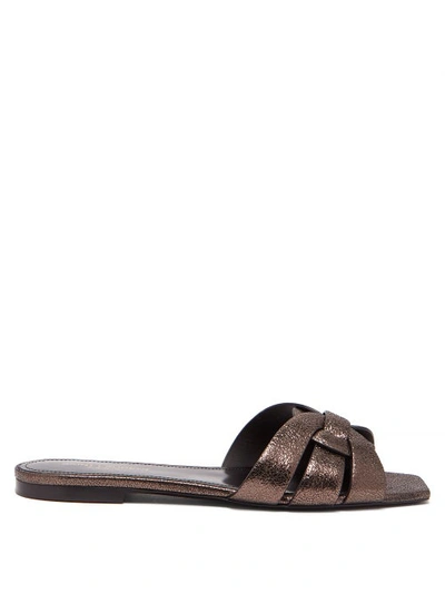 Saint Laurent Tribute Flat Crackled Metallic Slide Sandals In Bronze