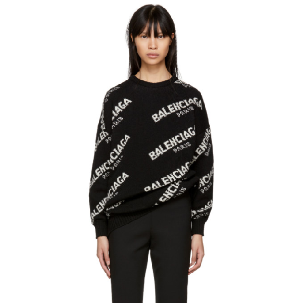 Balenciaga Women's Black And White Logo-intarsia Knitted Jumper | ModeSens