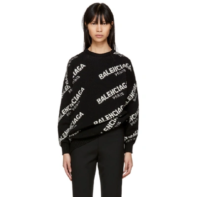 Balenciaga Black All Over Logo Paris Sweater In Black