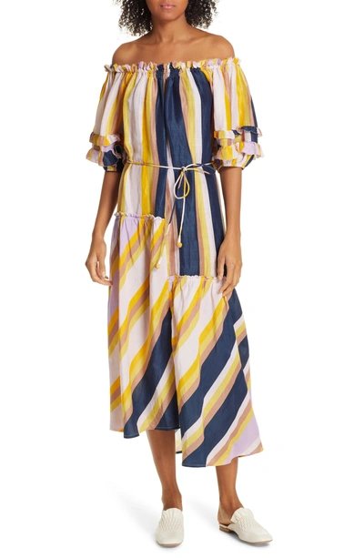 Apiece Apart Sandrine Cotton & Silk Off The Shoulder Dress In Olivio Stripe