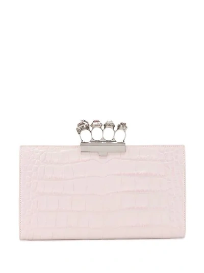 Alexander Mcqueen Four-ring Knuckle Clasp Croc Embossed Leather Clutch - Pink