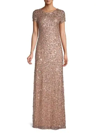 Adrianna Papell Beaded Column Gown In Rose Gold