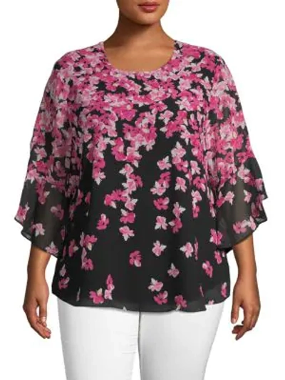 Calvin Klein Plus Floral Kimono-sleeve Top In Black Multi