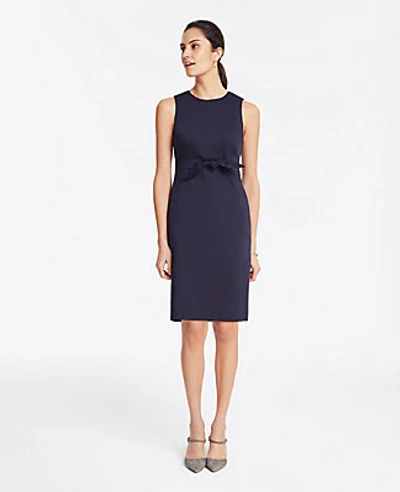 Ann Taylor The Petite Waist-detail Sheath Dress With Tie In Cotton Sateen In Navy Blue