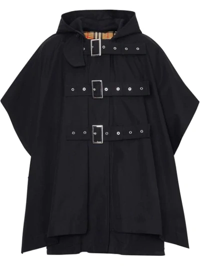 Burberry Triple Buckle Cotton Gabardine Cape Coat In Black