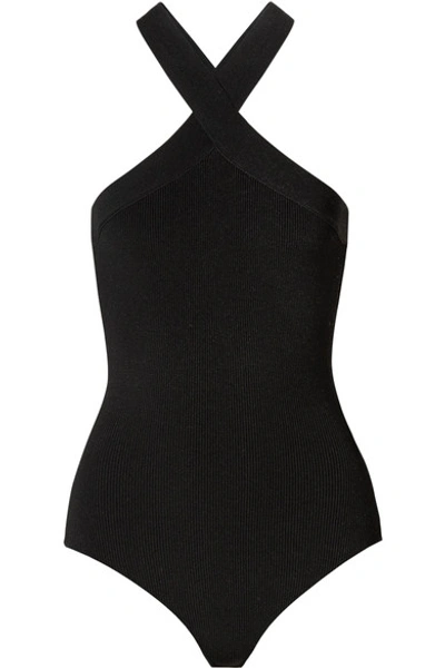 Khaite Logan Ribbed Stretch-knit Thong Bodysuit In Black