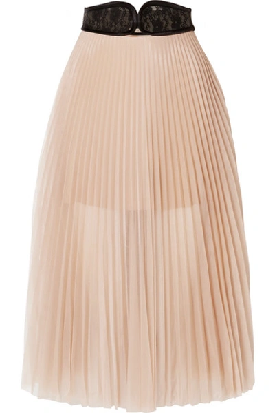 Christopher Kane Lace-trimmed Pleated Chiffon Skirt In Beige