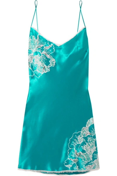 Carine Gilson Chantilly Lace-trimmed Silk-satin Chemise In Emerald