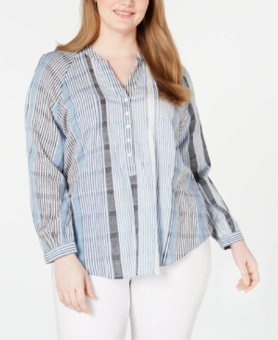 Lucky Brand Plus Size Striped Pleated Top In Blue Multi