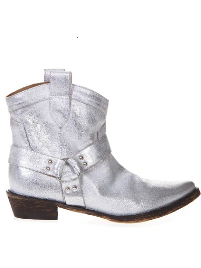 Coral Blue Silver Fabric Texan Vintage Ankle Boots In Laminate Silver