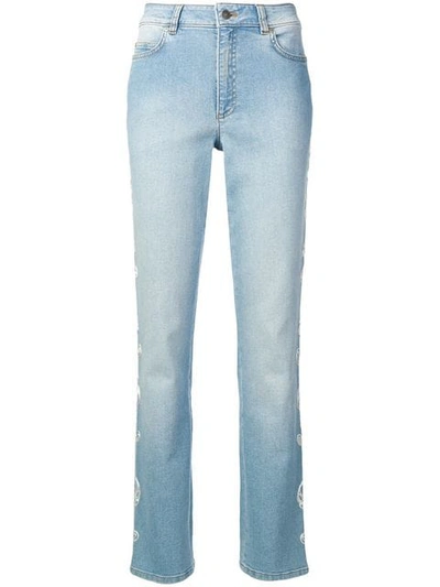 Escada Embroidered Trim Straight Jeans In Blue