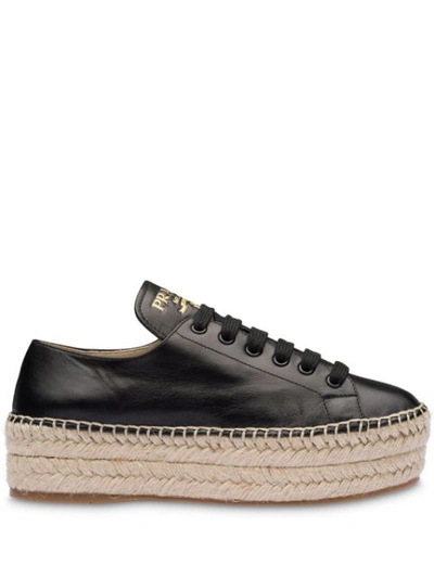 Prada Platform Leather Sneakers In Black