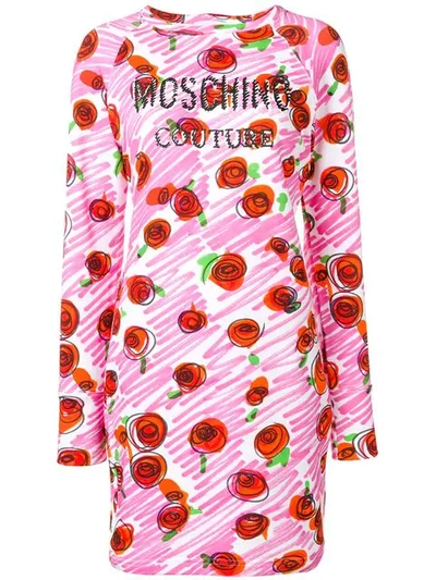 Moschino Rose Logo Fitted Dress In Pink