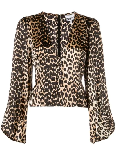 Ganni Leopard Print Silk Satin Blouse In Multi