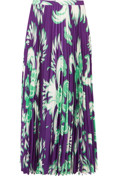 Valentino Pleated Printed Silk-crepe Midi Skirt In Purple