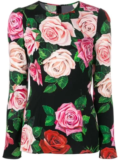 Dolce & Gabbana Rose Print Stretch Silk Top In Floral Print