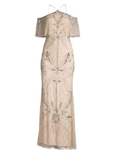 Aidan Mattox Embellished Off-the-shoulder Gown In Champagne