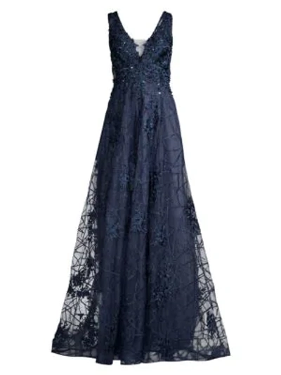 Basix Black Label Sheer Lace Embroidered Tulle Gown In Navy