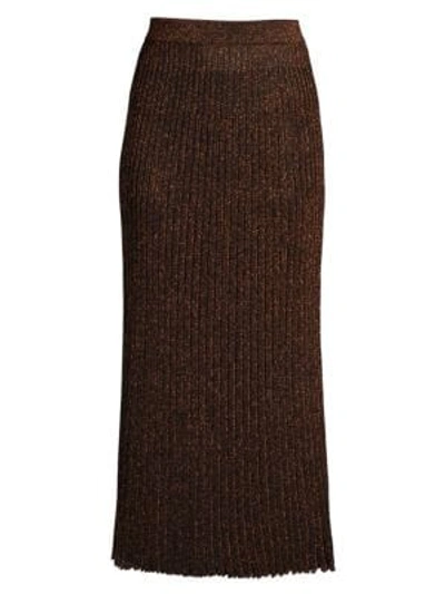 Michael Kors Metallic Rib-knit Midi Skirt In Black Copper