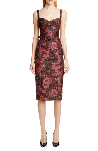 Michael Kors Belted Floral Stretch Jacquard Sheath Dress In Rosewood