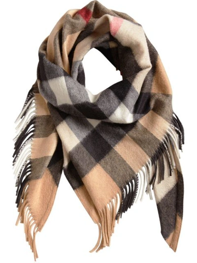 Burberry Cashmere Checkered Fringe Bandana Scarf In Camel