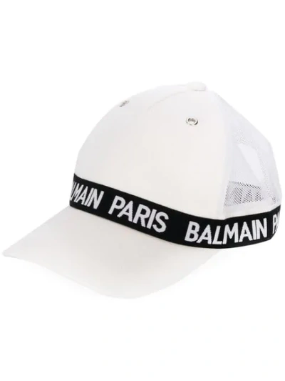 Balmain Logo Stripe Cap In White